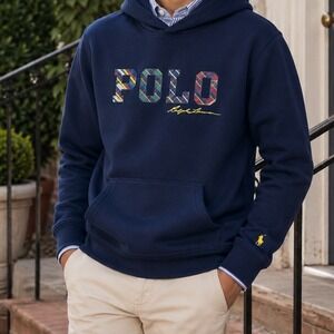 Polo Ralph Lauren Kids Navy Blue Plaid Graphic Hoodie XL 18-20 Hoodie Sweatshirt